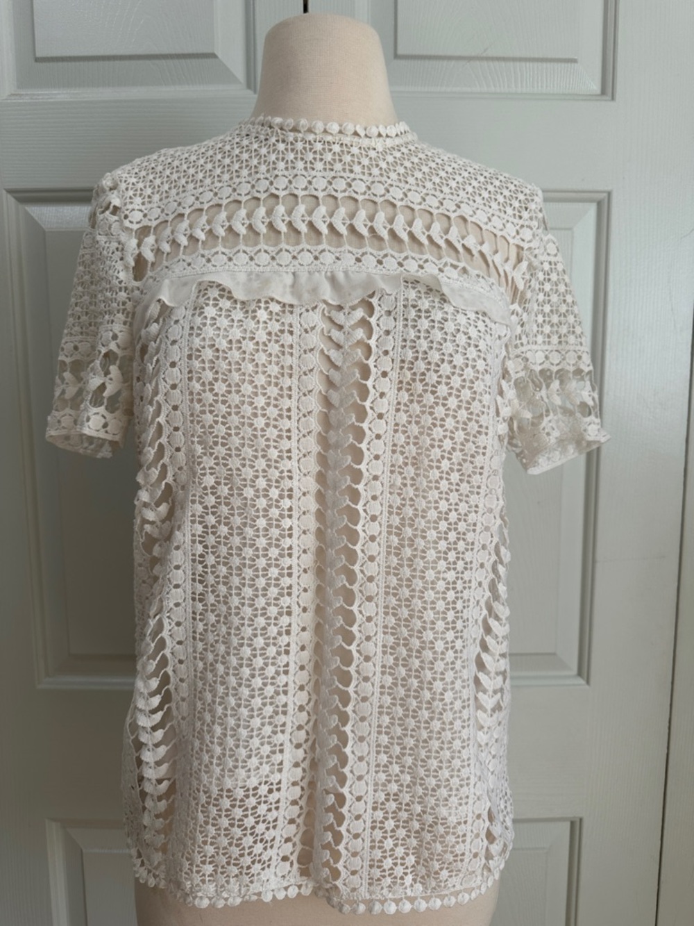 Aqua Cream Lace Short Sleeve Lined Top Size S